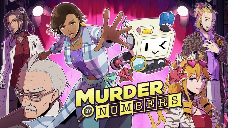 one of the promotional artworks for Murder by Numbers. it features the player character Honor and her robot companion SCOUT with the four other protagonists around them. behind them are the curtains and lights of a movie set